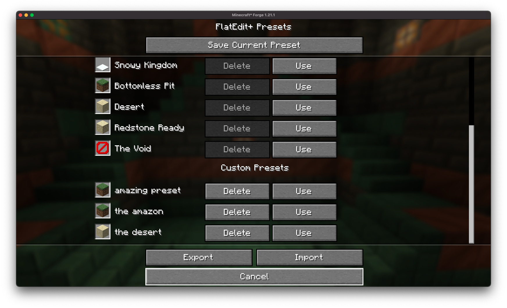 presets screen