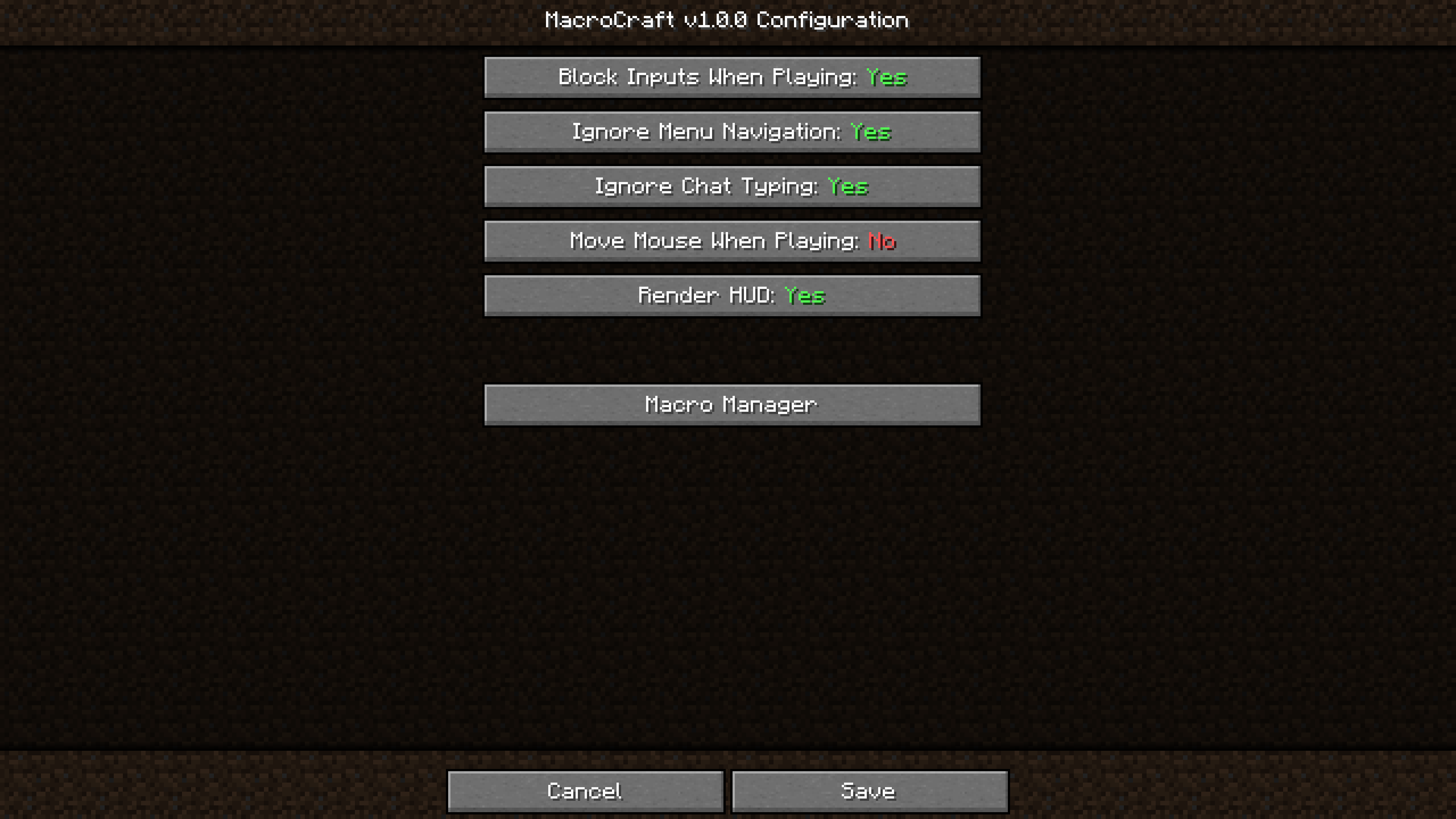 Macrocraft configuration screen